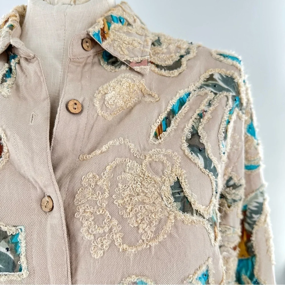 Coldwater Creek blazer size 16 tan blue embroidered floral coastal granny - Picture 2 of 9